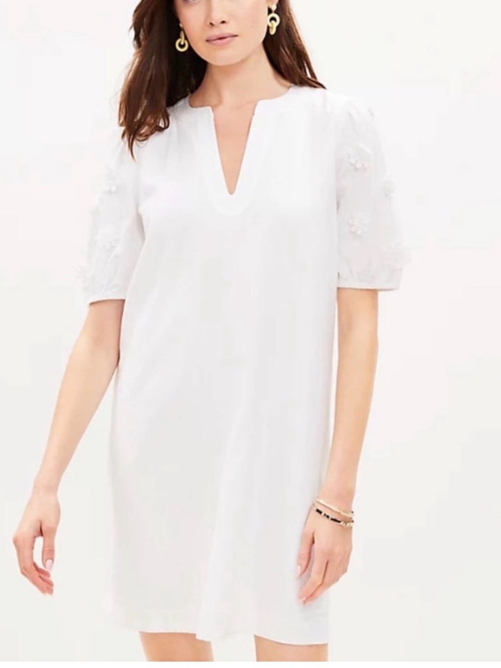 LOFT Floral Sleeve Appliqué Linen Blend Shift Dress